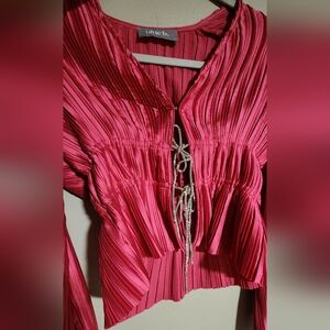Pink Long Sleeve Pleated Top with Rhinestone Drawstring Detail